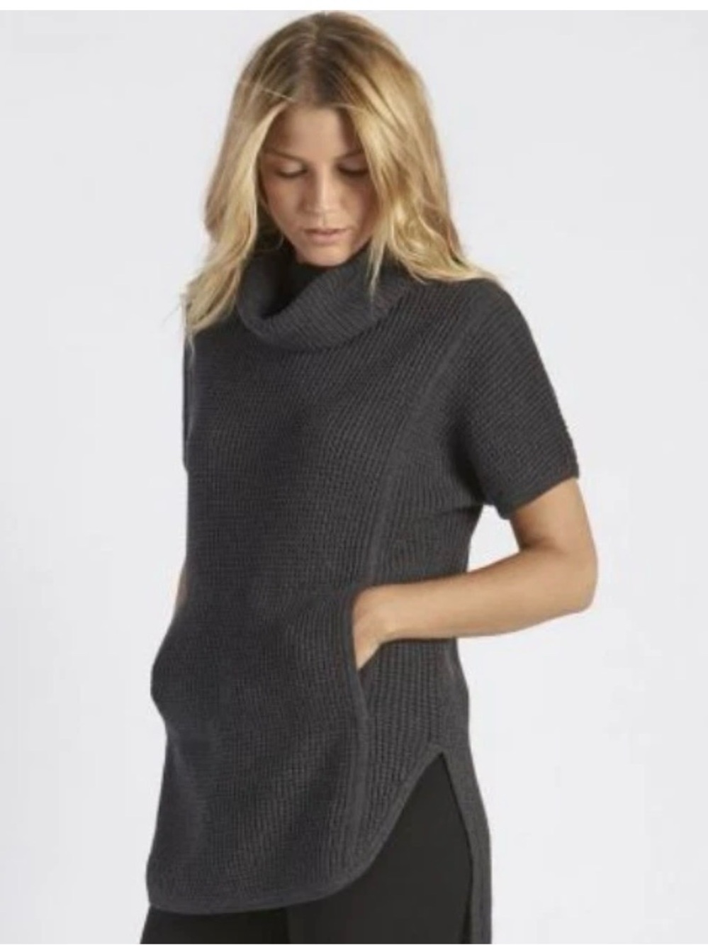 UGG Women's Waffle Knit Turtleneck Sweater Vest Poncho Gray Large High Low